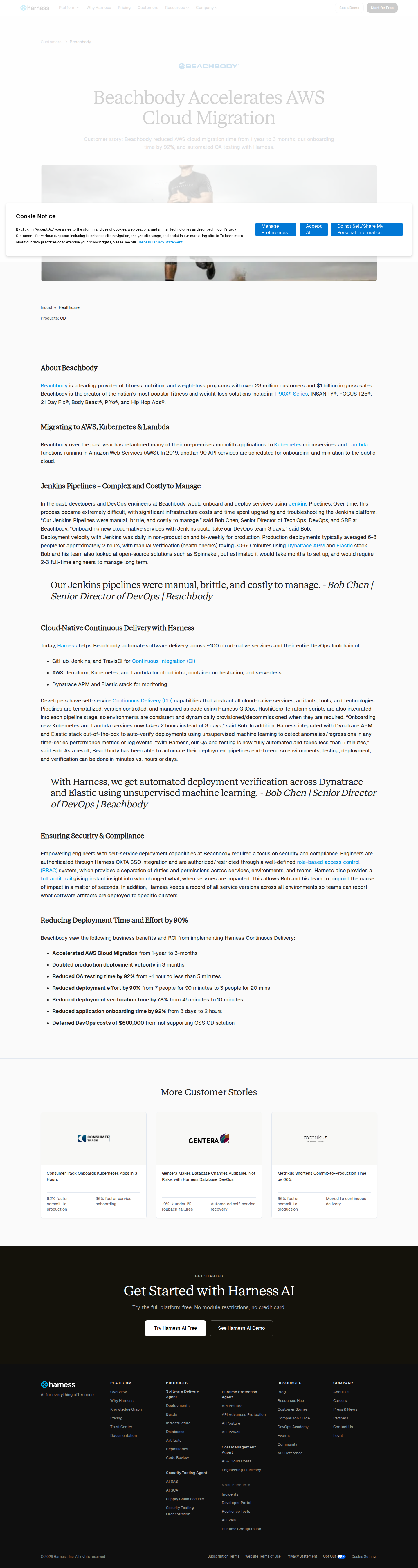 Screenshot of Harness x Beachbody, cloud migration cut from 1 year to 3 months