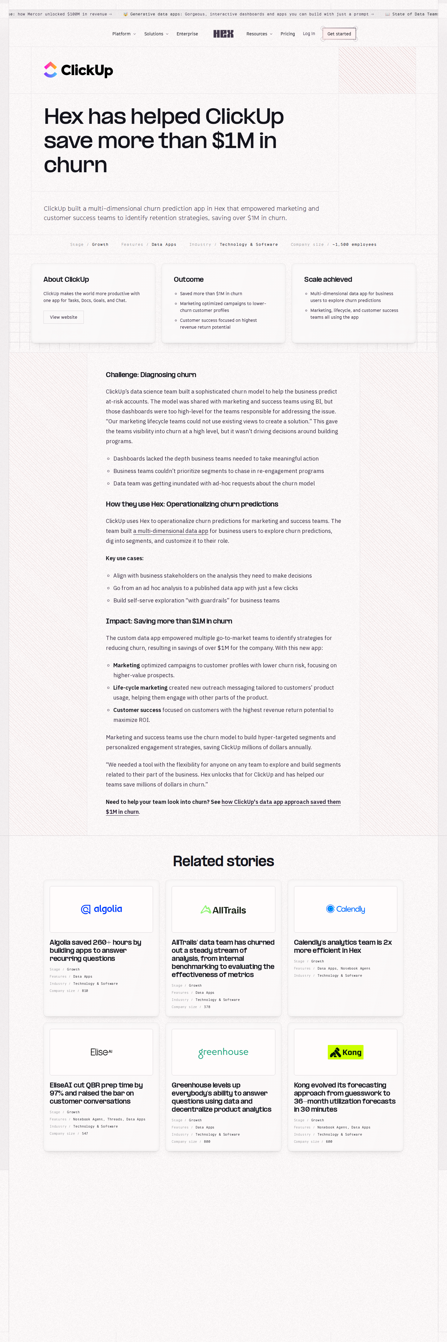 Full screenshot of Hex x ClickUp, $1M saved by operationalizing churn predictions