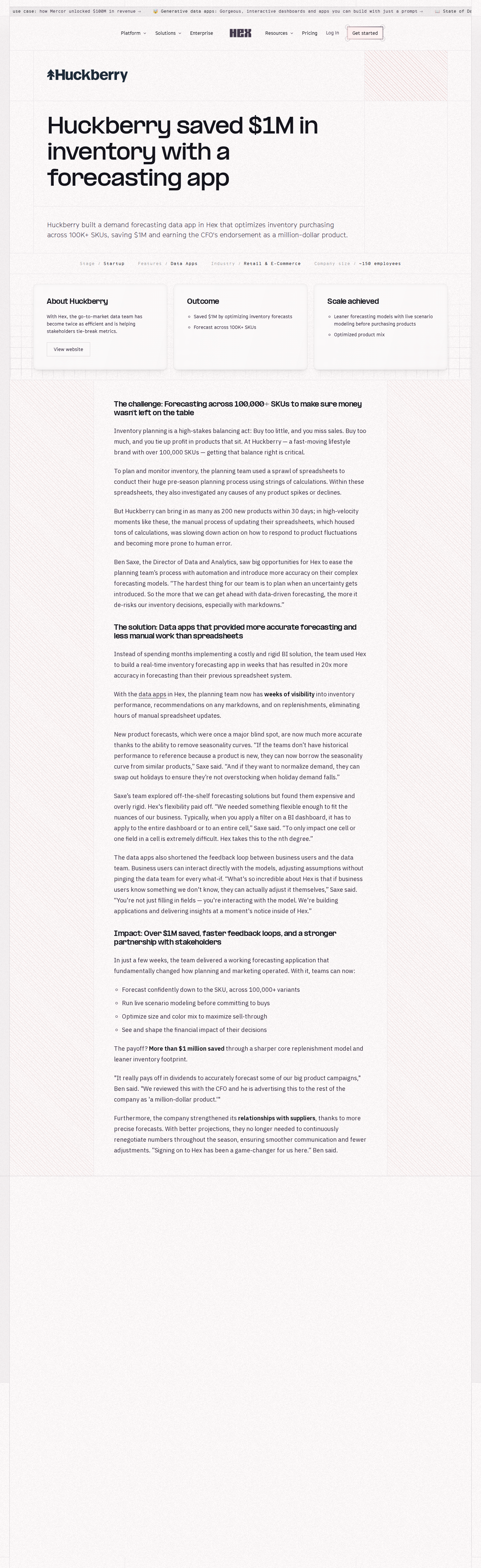 Full screenshot of Hex x Huckberry, $1M saved with a forecasting app built in weeks