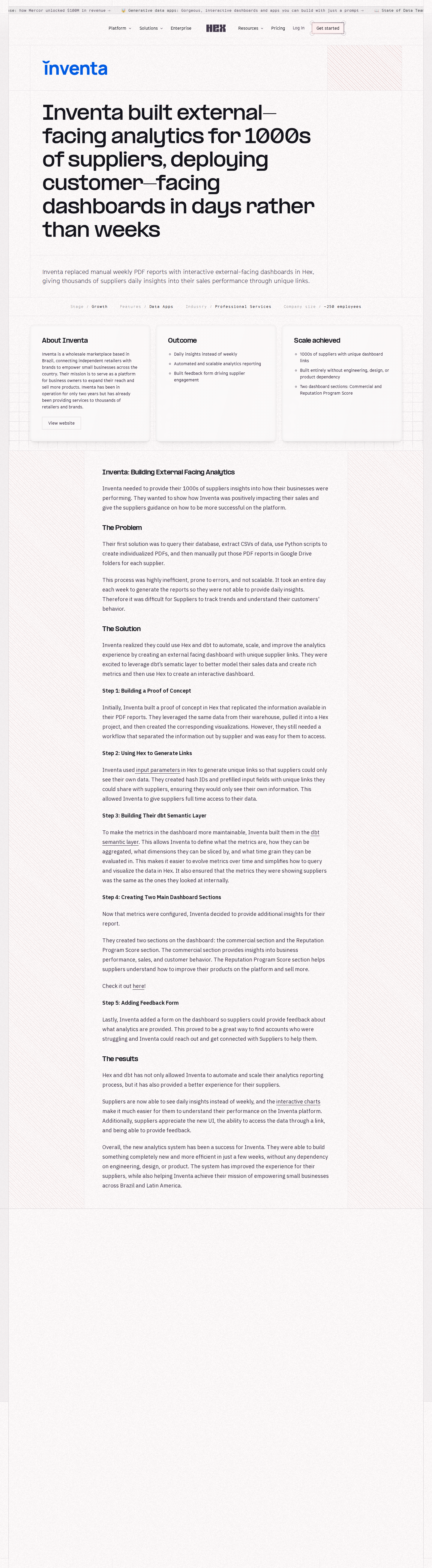 Full screenshot of Hex x Inventa, from manual PDFs to self-serve supplier dashboards at scale