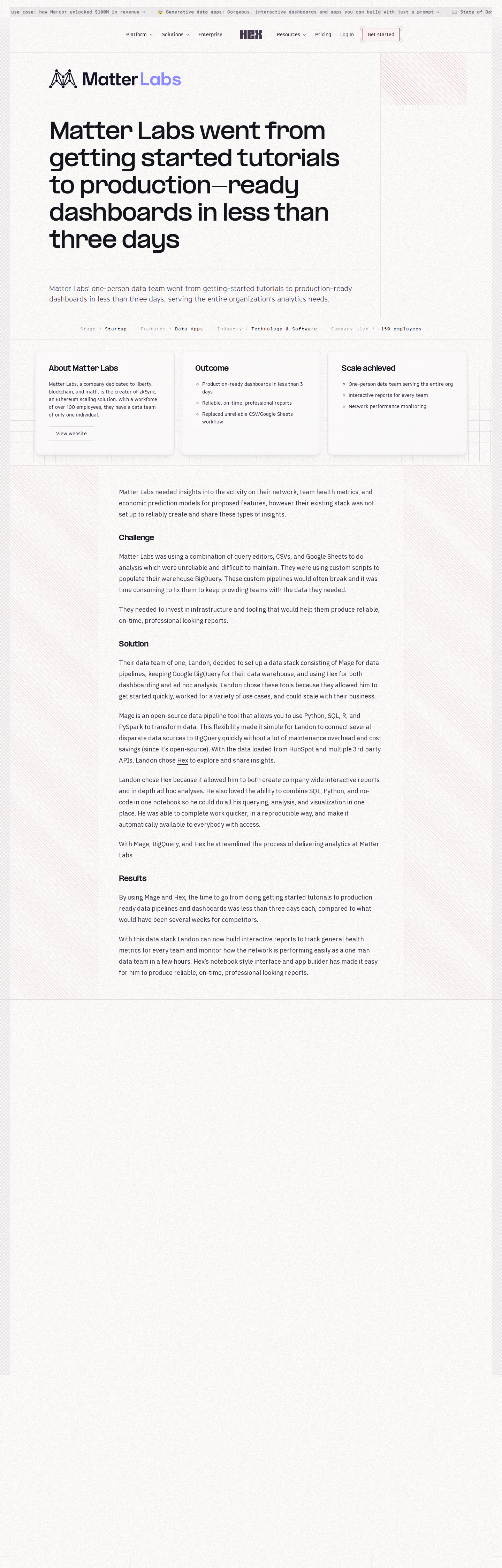 Full screenshot of Hex x Matter Labs, one-person data team goes production in three days