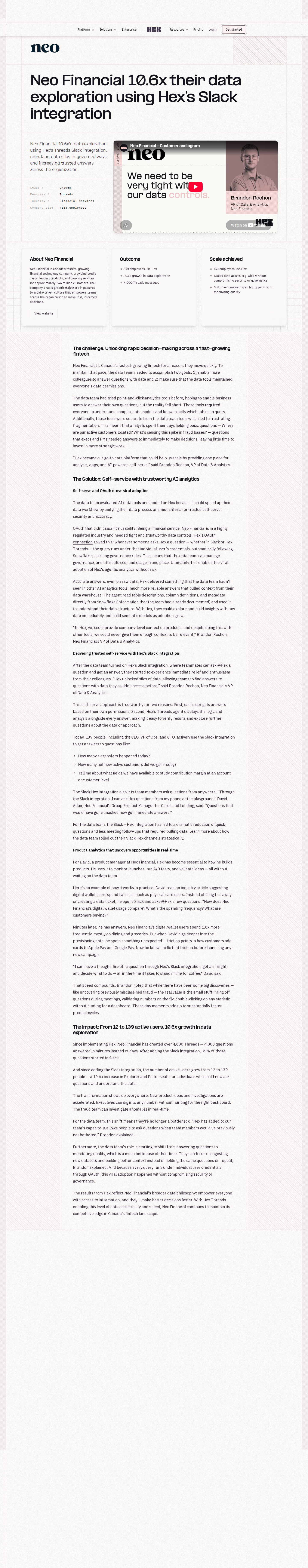 Screenshot of Hex x Neo Financial, 10.6x data exploration across a fast-growing fintech