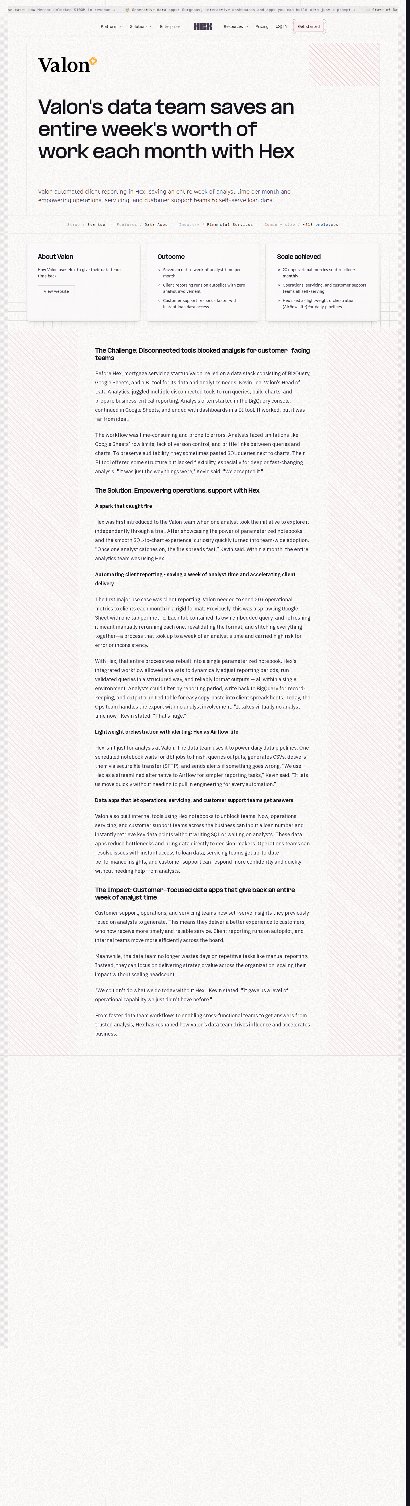 Screenshot of Hex x Valon, automating a week of analyst work every month