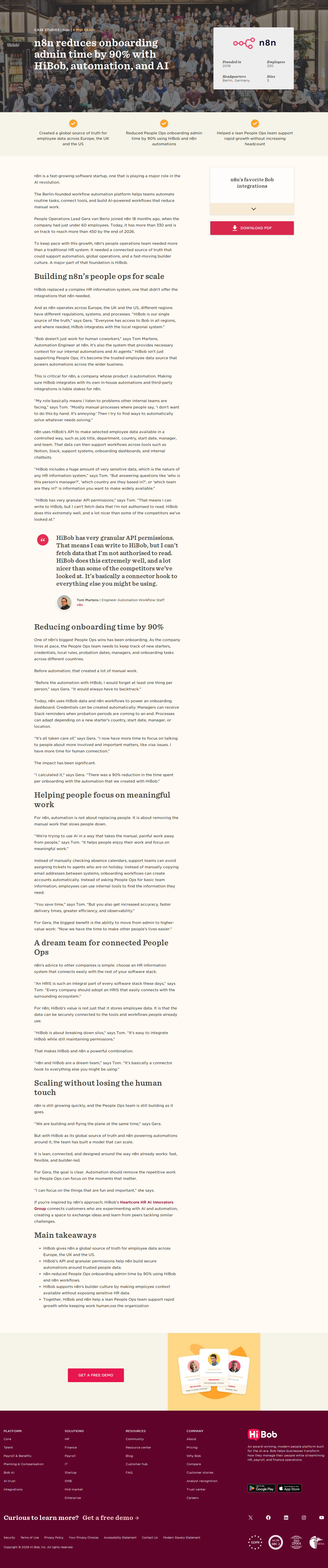 Screenshot of HiBob x n8n: 90% less onboarding admin at hypergrowth pace