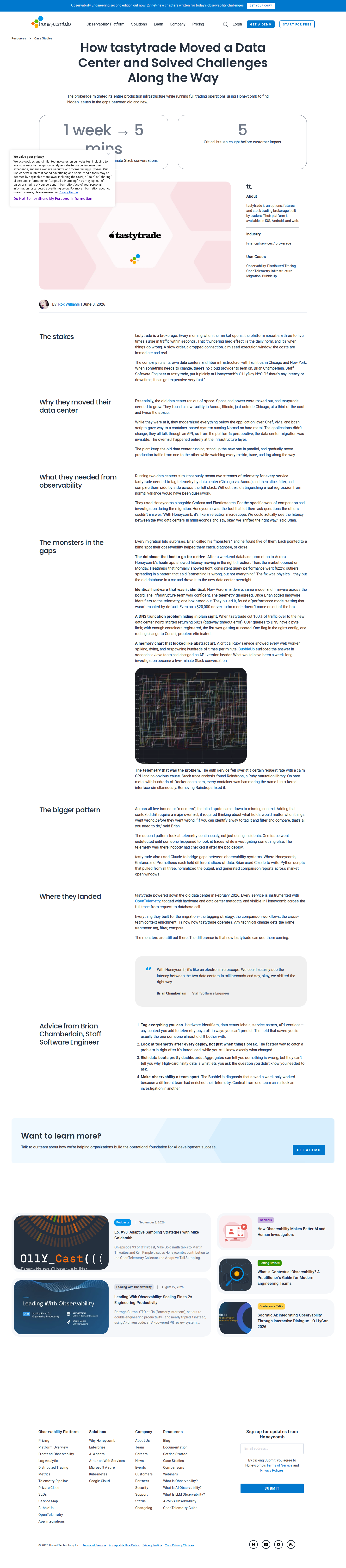 Screenshot of Honeycomb x tastytrade, full data center migration with zero customer-facing failure