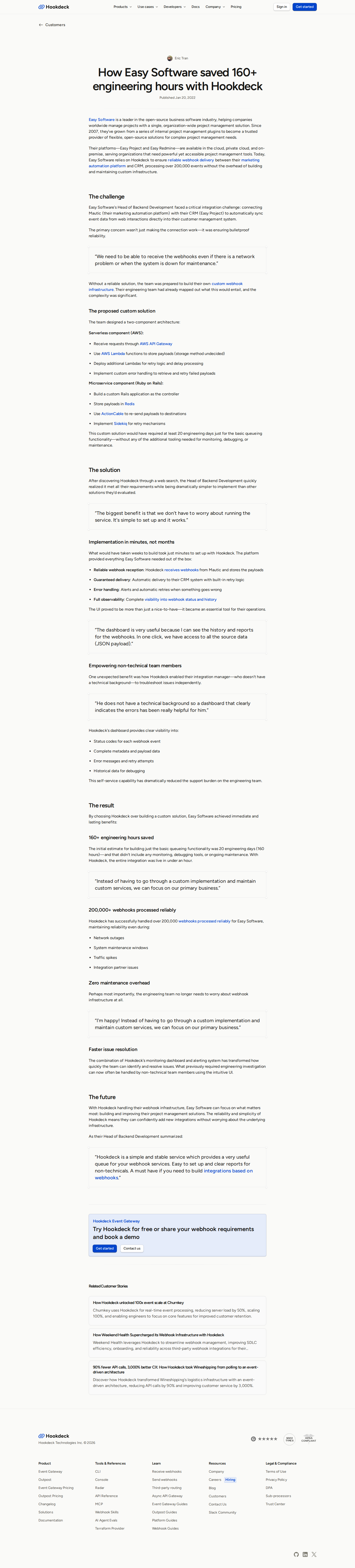 Screenshot of Hookdeck x Easy Software: 160 engineering hours saved by skipping custom webhook infrastructure