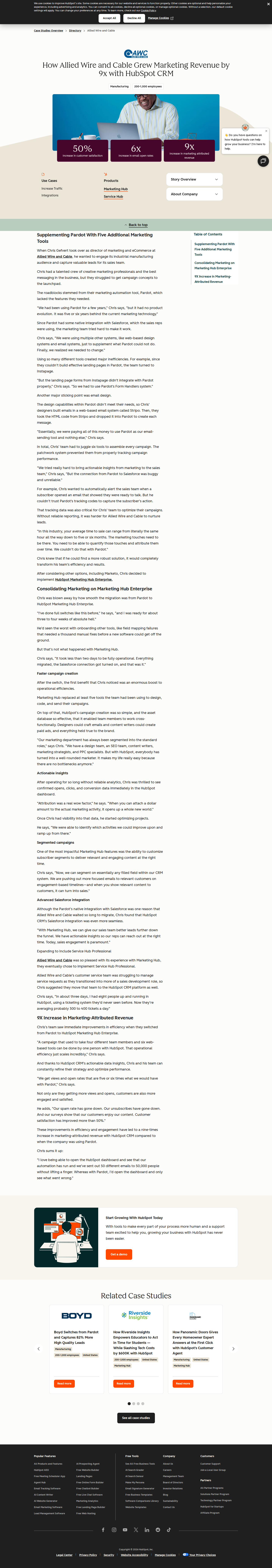Screenshot of HubSpot x Allied Wire and Cable, 9x revenue from ditching Pardot