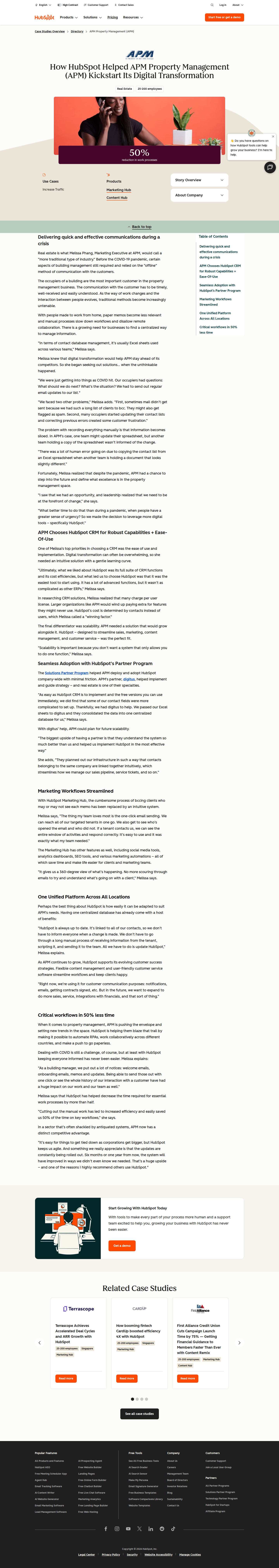 Full screenshot of HubSpot x APM Property Management, 50% less time on critical workflows