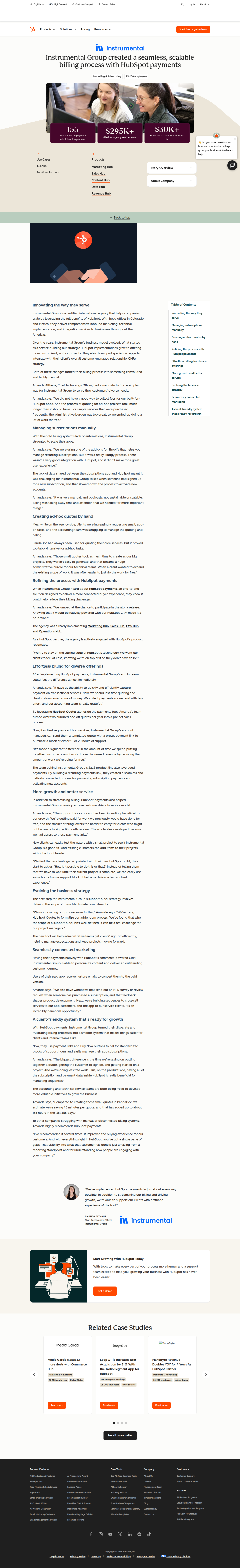Full screenshot of HubSpot x Instrumental Group, 155 hours saved by replacing manual billing