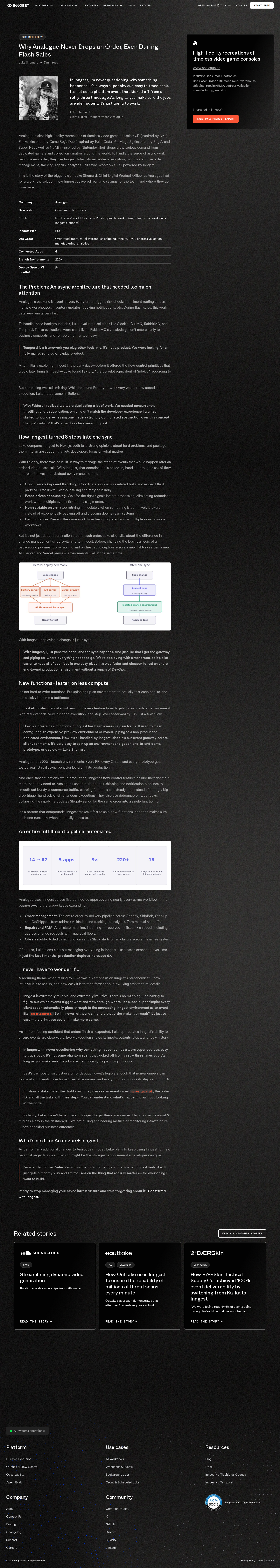 Screenshot of Inngest x Analogue, zero dropped orders across flash-sale surges