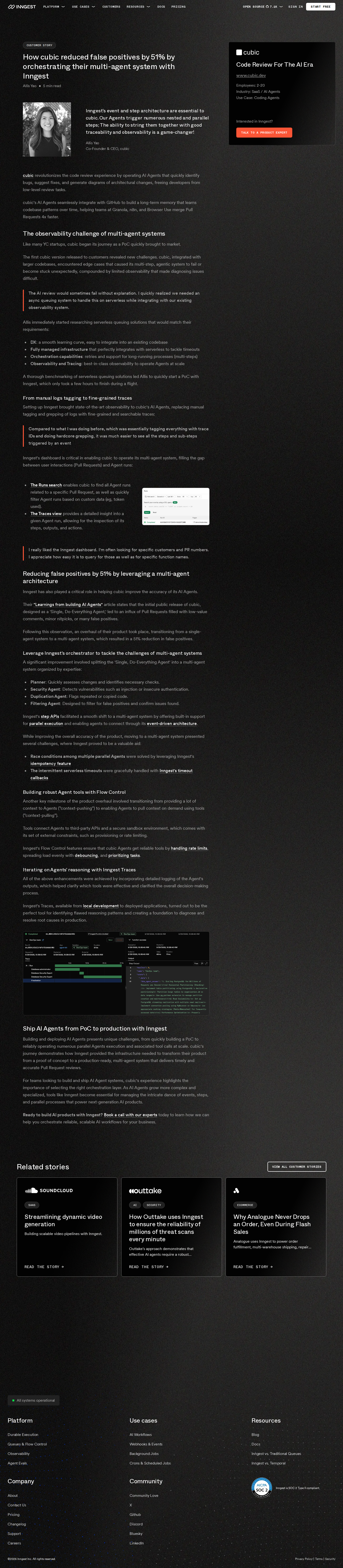 Screenshot of Inngest x cubic, 51% fewer false positives through multi-agent orchestration