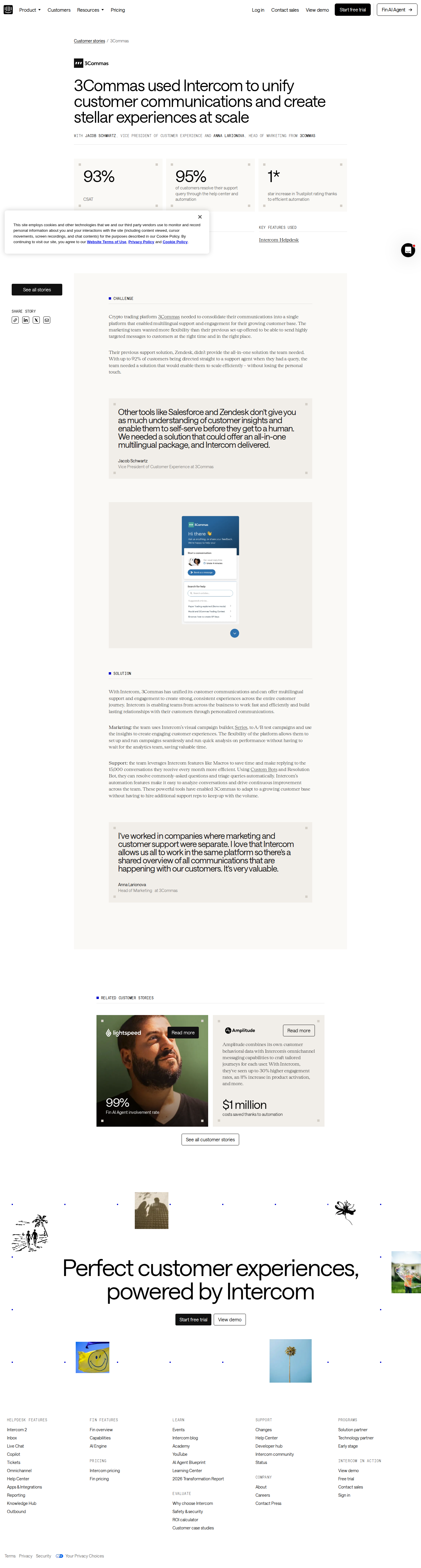 Screenshot of Intercom x 3Commas, scaling support without scaling headcount
