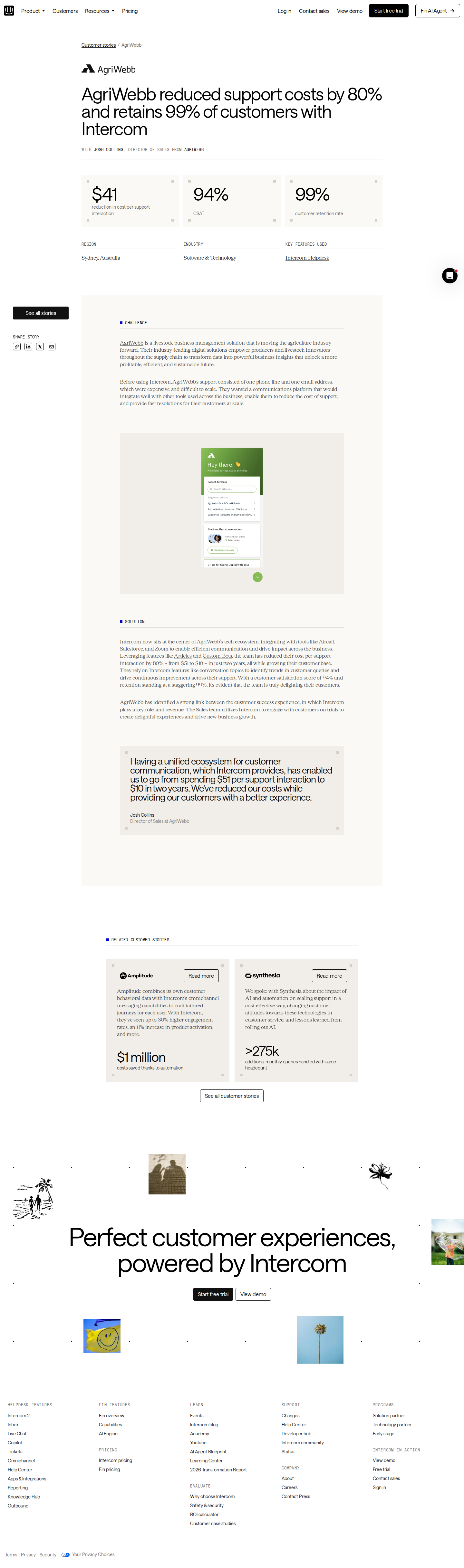 Screenshot of Intercom x AgriWebb, 80% cost cut without sacrificing satisfaction
