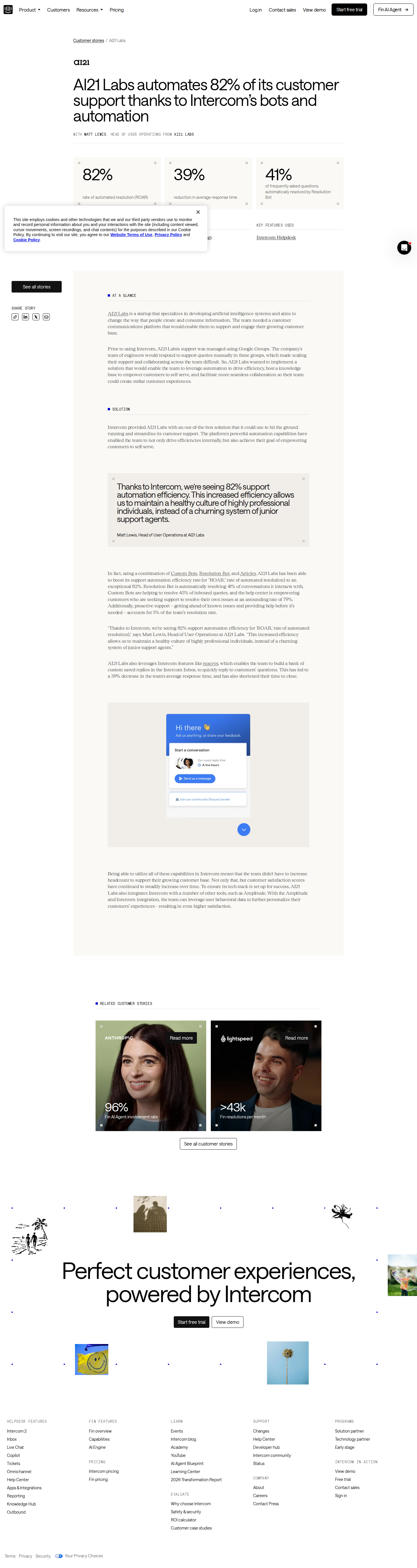 Full screenshot of Intercom x AI21 Labs, 82% automation from a Google Groups baseline