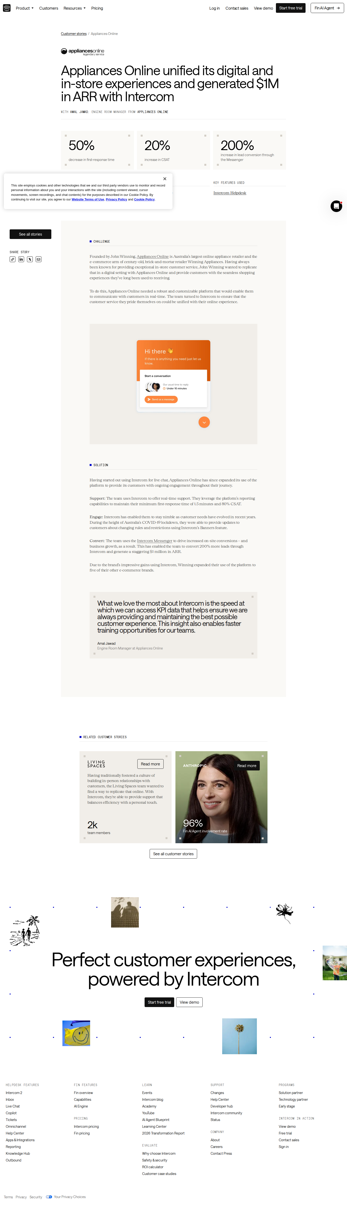 Full screenshot of Intercom x Appliances Online, $1M ARR from unified digital service