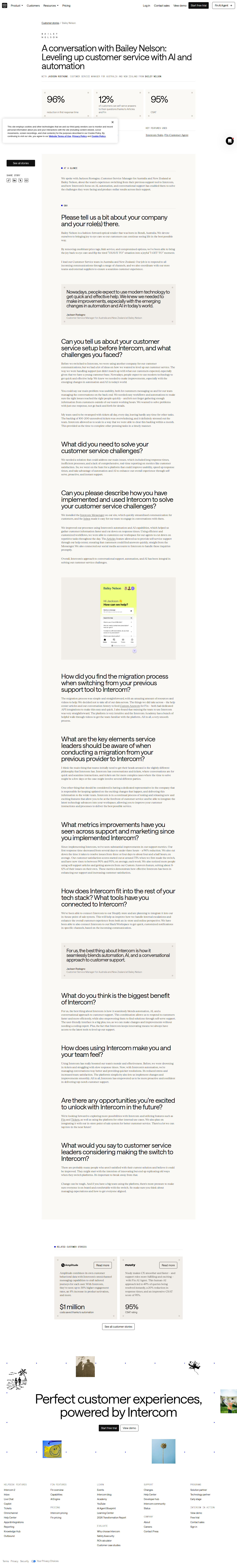 Full screenshot of Intercom x Bailey Nelson: From days to hours on every support metric