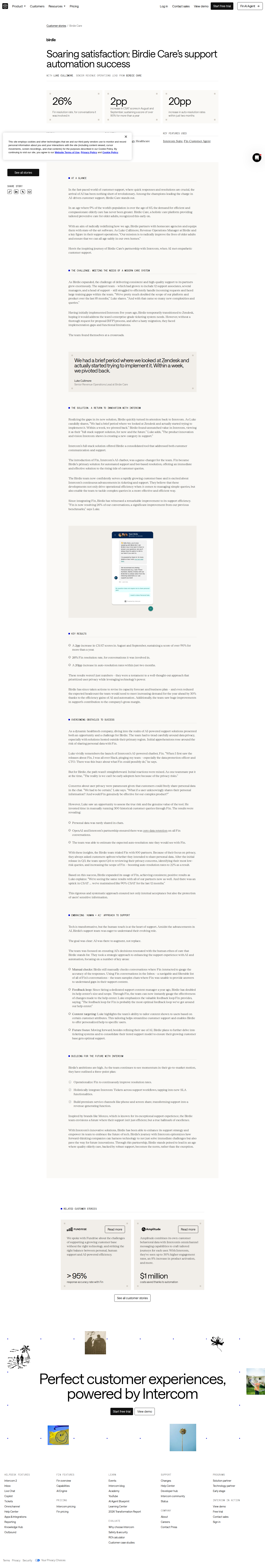 Full screenshot of Intercom x Birdie Care, AI cuts support load while sustaining 90% CSAT