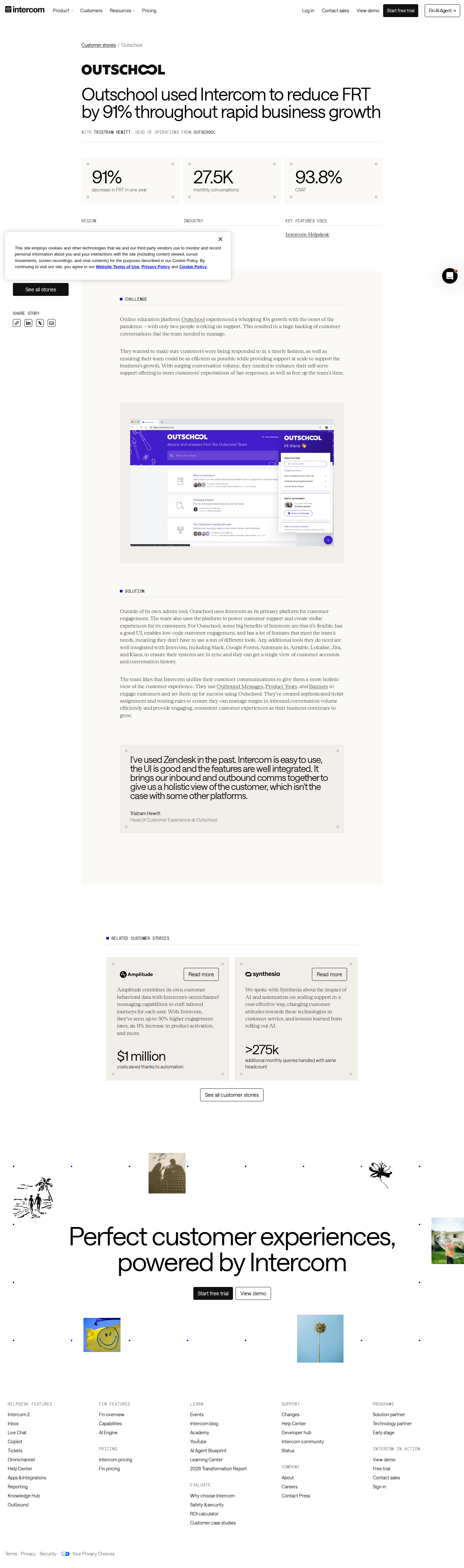 Screenshot of Intercom x Outschool, 91% faster response through pandemic growth surge