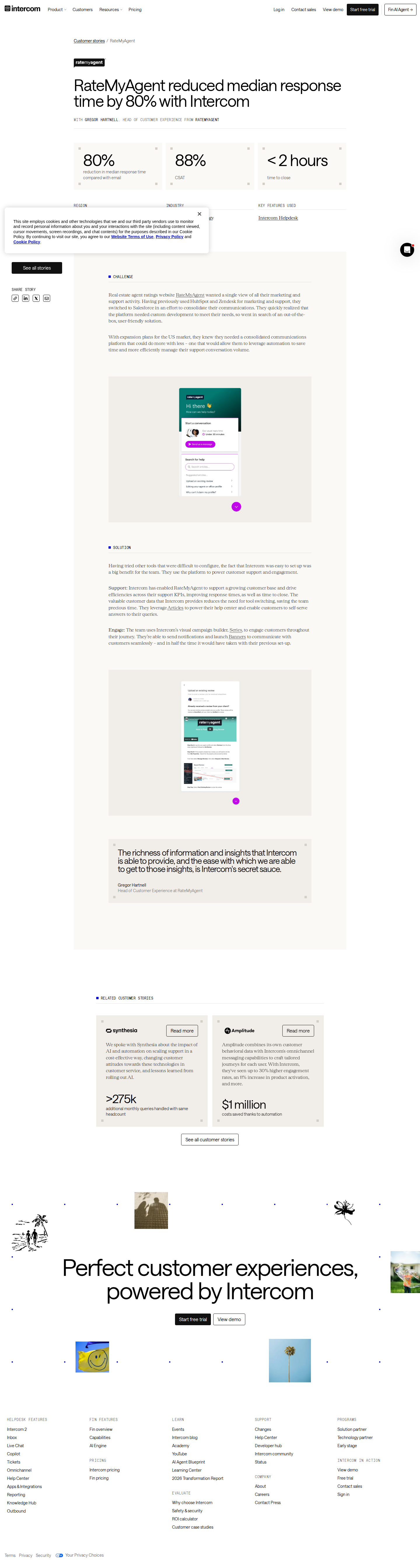 Screenshot of Intercom x RateMyAgent, 80% faster response time through consolidation