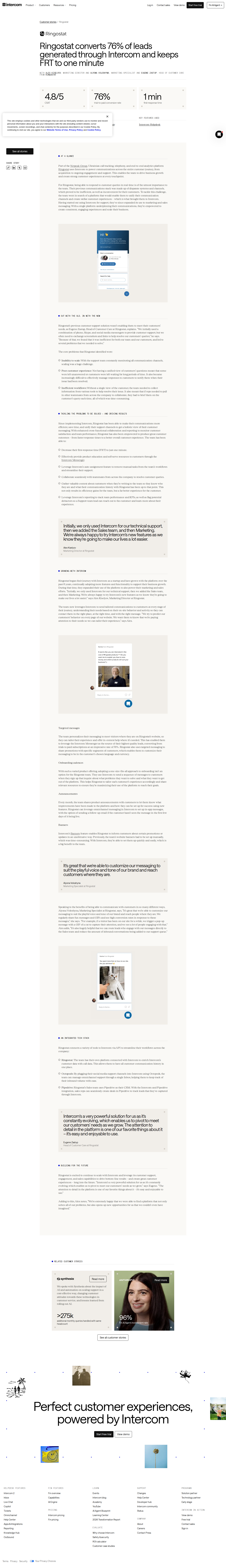 Screenshot of Intercom x Ringostat, 76% trial-to-paid conversion from unified comms