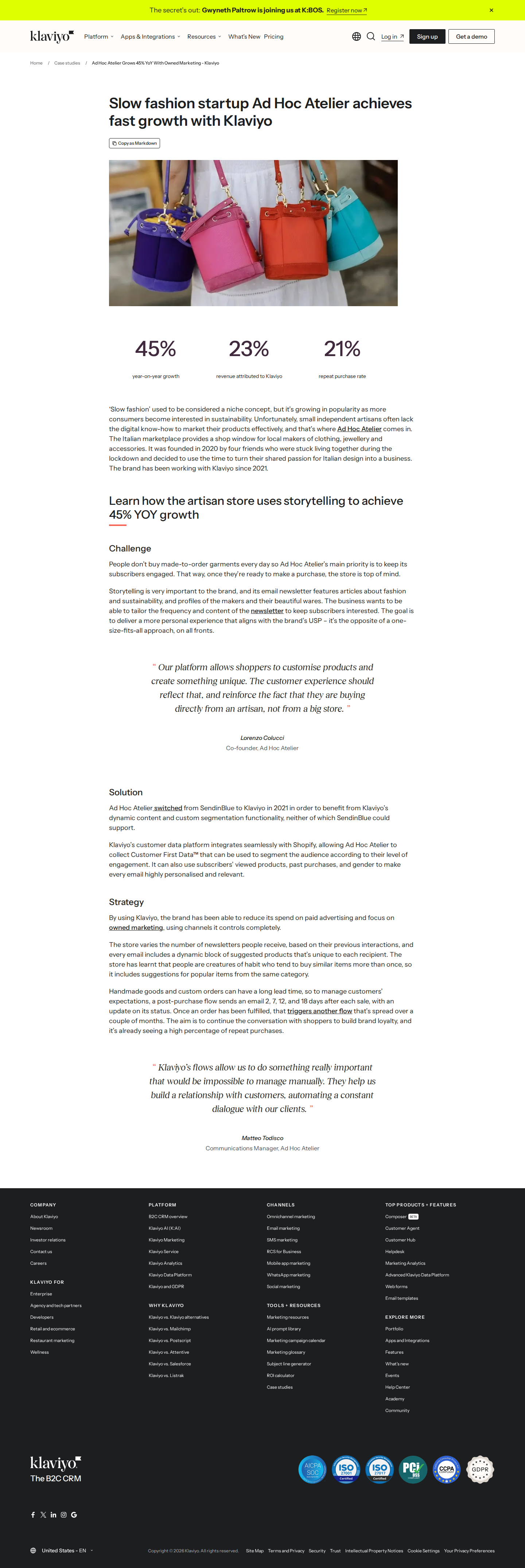 Full screenshot of Klaviyo x Ad Hoc Atelier, 45% YoY growth through owned marketing