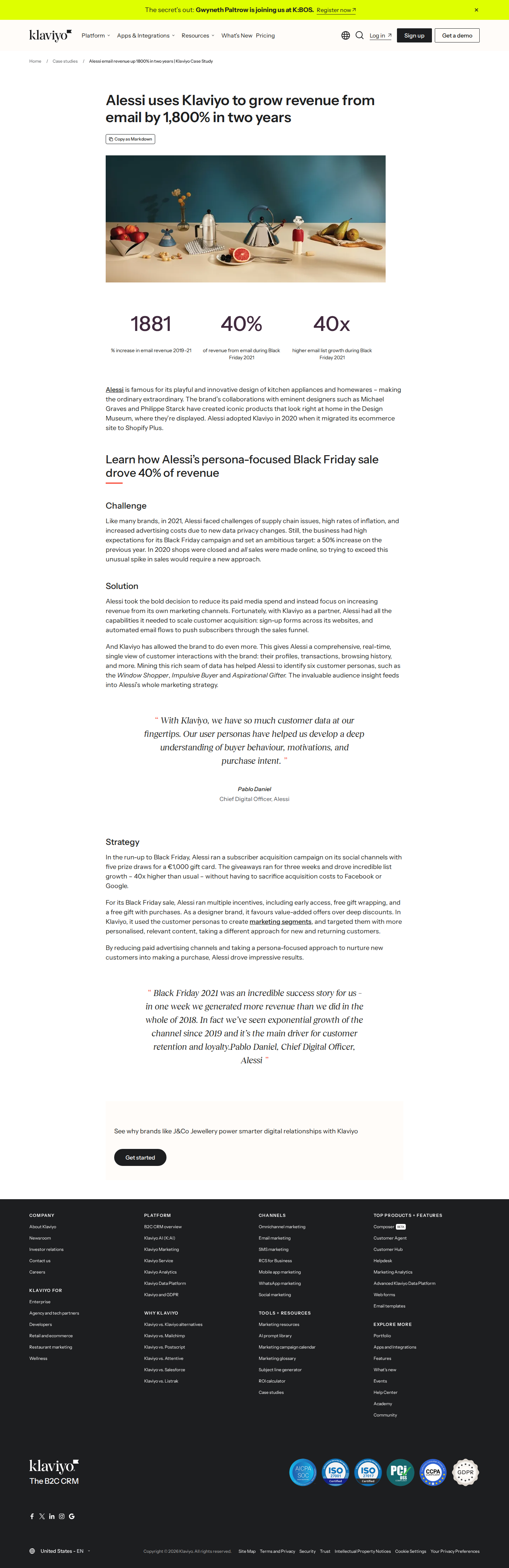 Full screenshot of Klaviyo x Alessi, 1,800% email revenue growth in two years