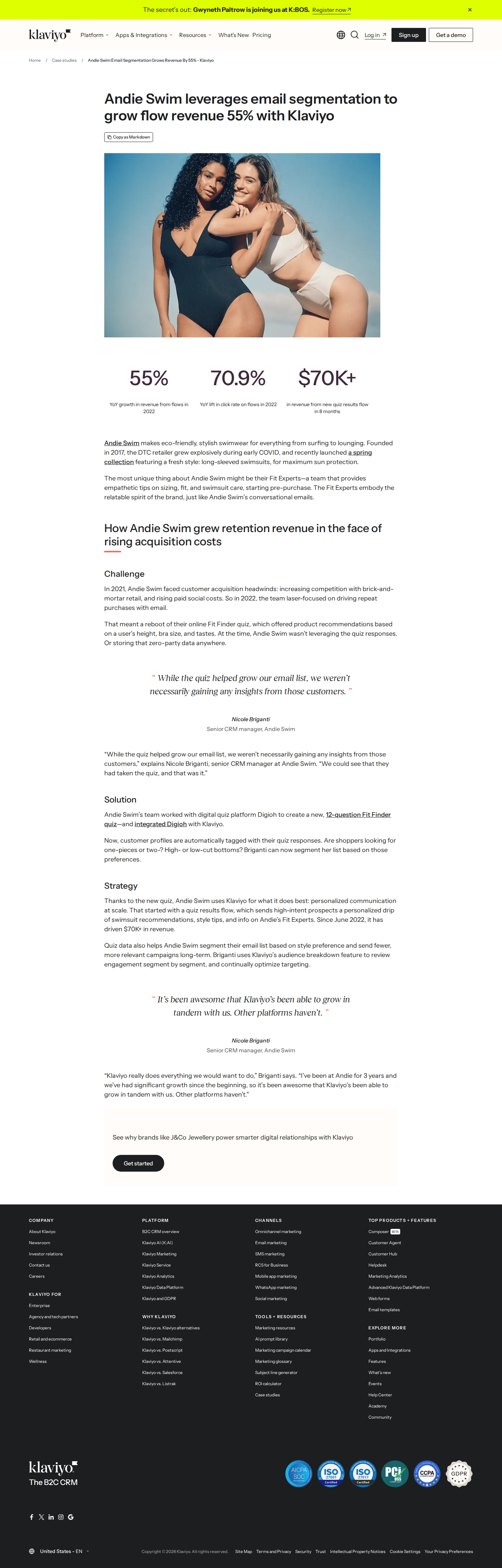 Full screenshot of Klaviyo x Andie Swim, email segmentation drives 55% flow revenue growth