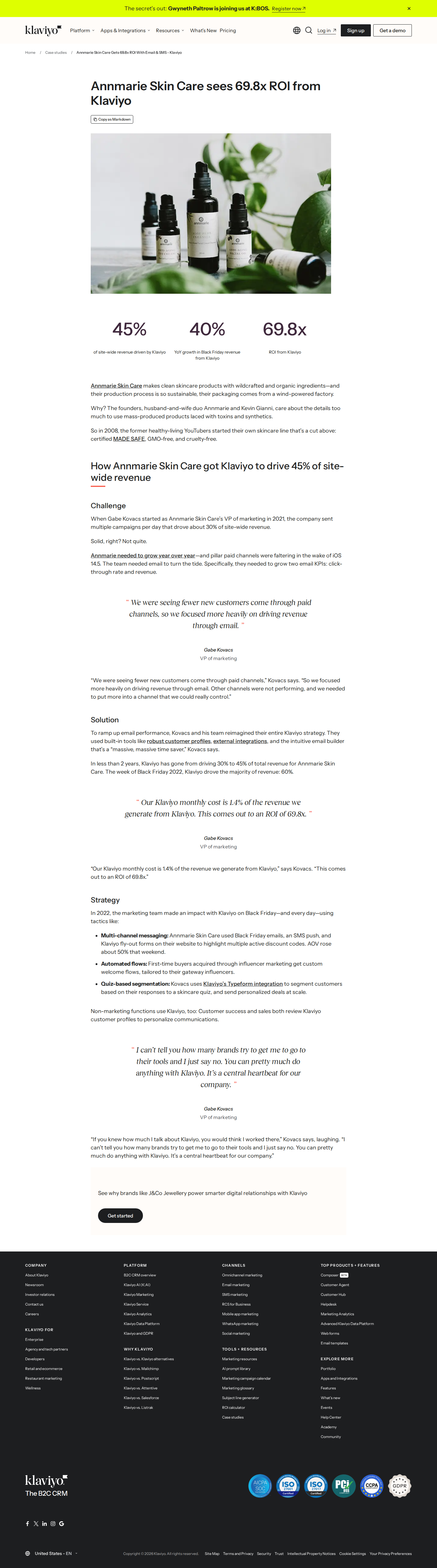 Full screenshot of Klaviyo x Annmarie Skin Care, from 30% to 45% of revenue through owned channels