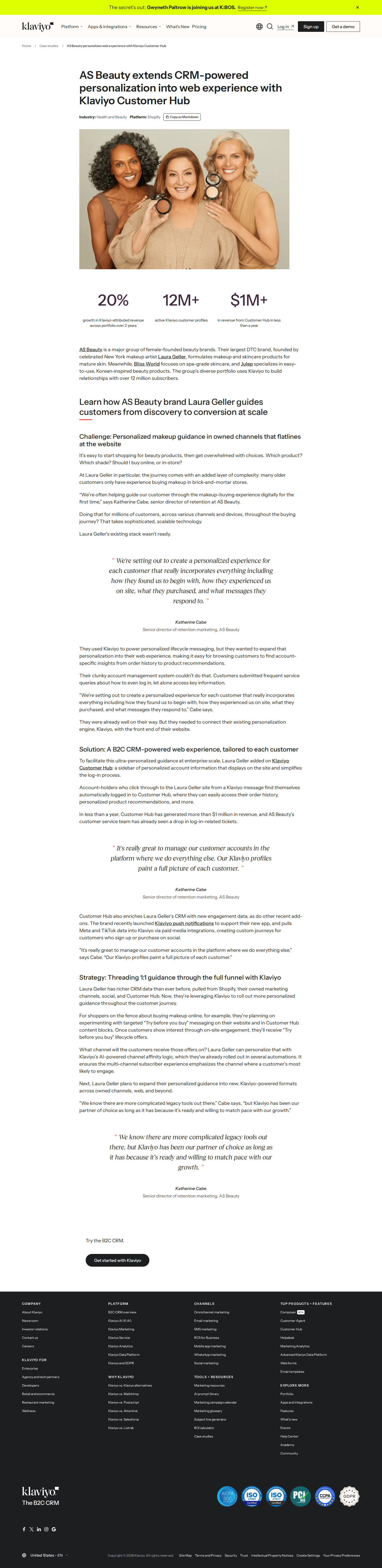 Full screenshot of Klaviyo x AS Beauty, CRM personalization extended to the web