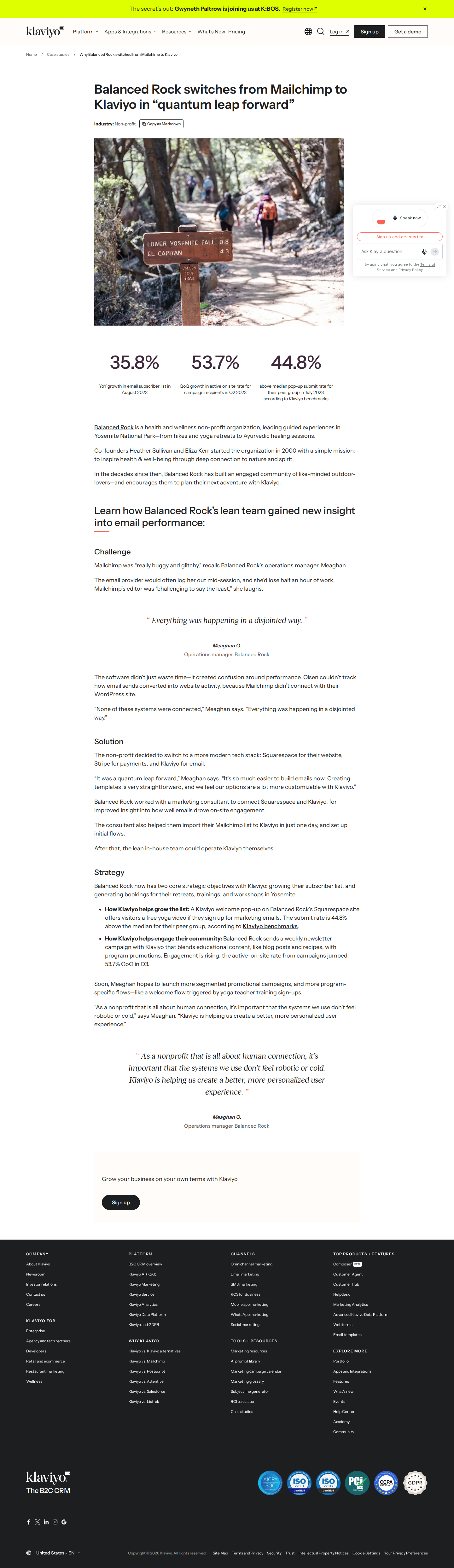 Full screenshot of Klaviyo x Balanced Rock, nonprofit switches from Mailchimp and grows list 35.8% YoY