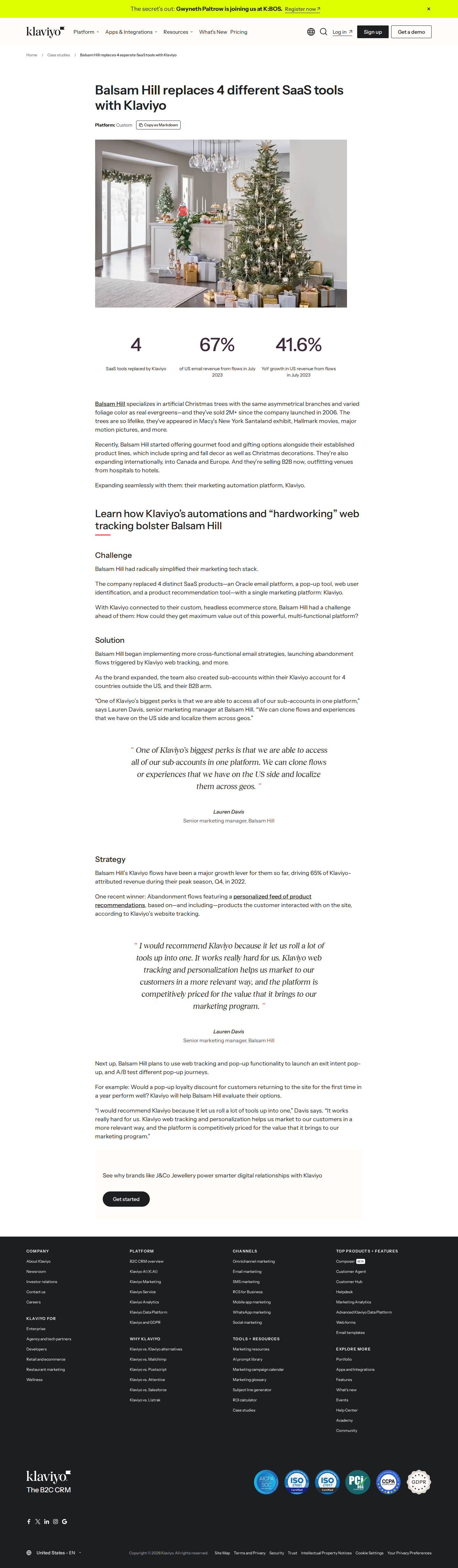 Screenshot of Klaviyo x Balsam Hill, four tools replaced by one platform