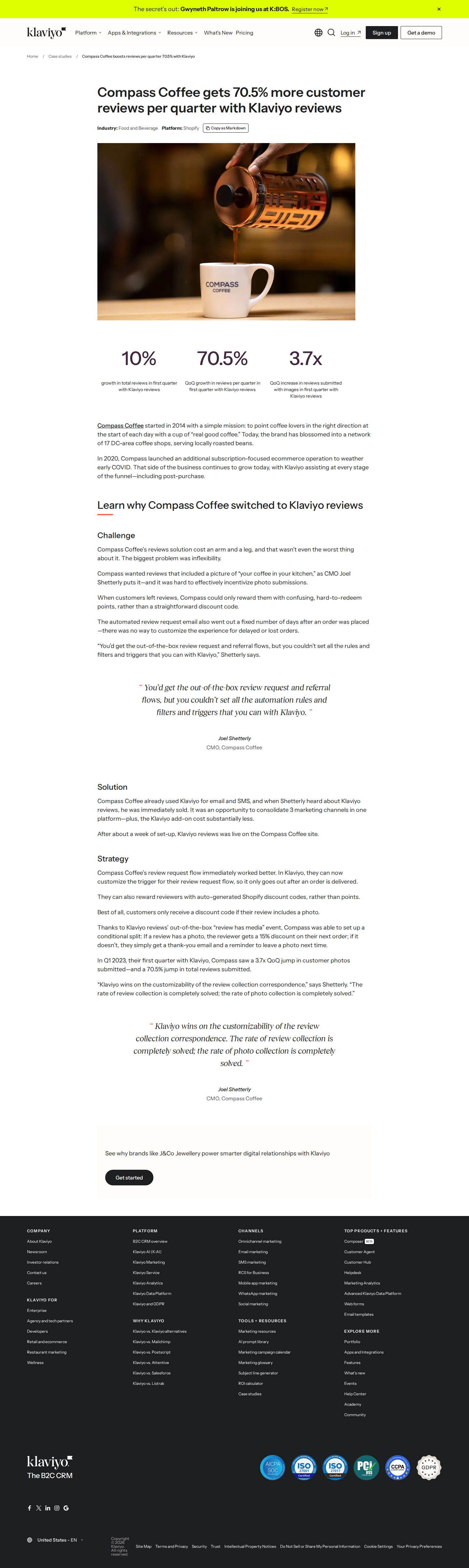 Screenshot of Klaviyo x Compass Coffee, 70.5% more reviews by consolidating and customizing