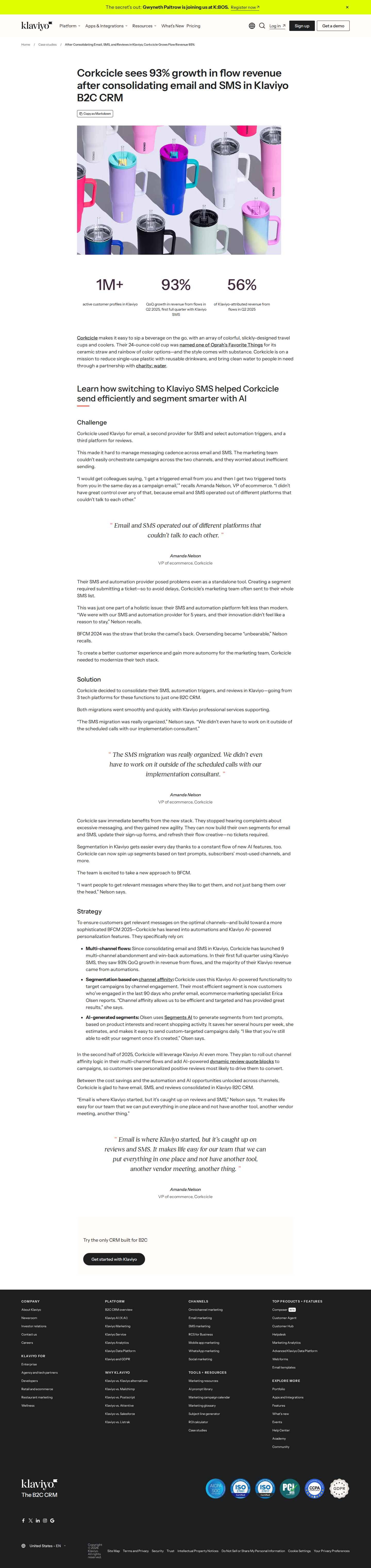 Screenshot of Klaviyo x Corkcicle, 93% flow revenue growth after consolidating email and SMS