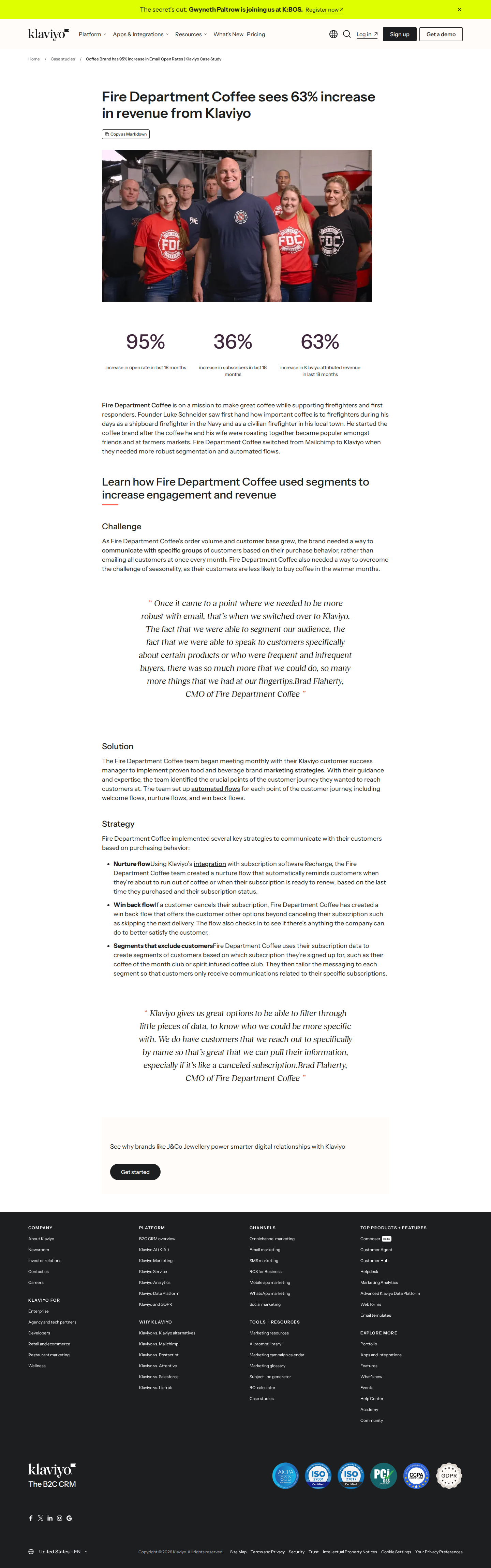 Screenshot of Klaviyo x Fire Department Coffee, 63% revenue lift through segmentation