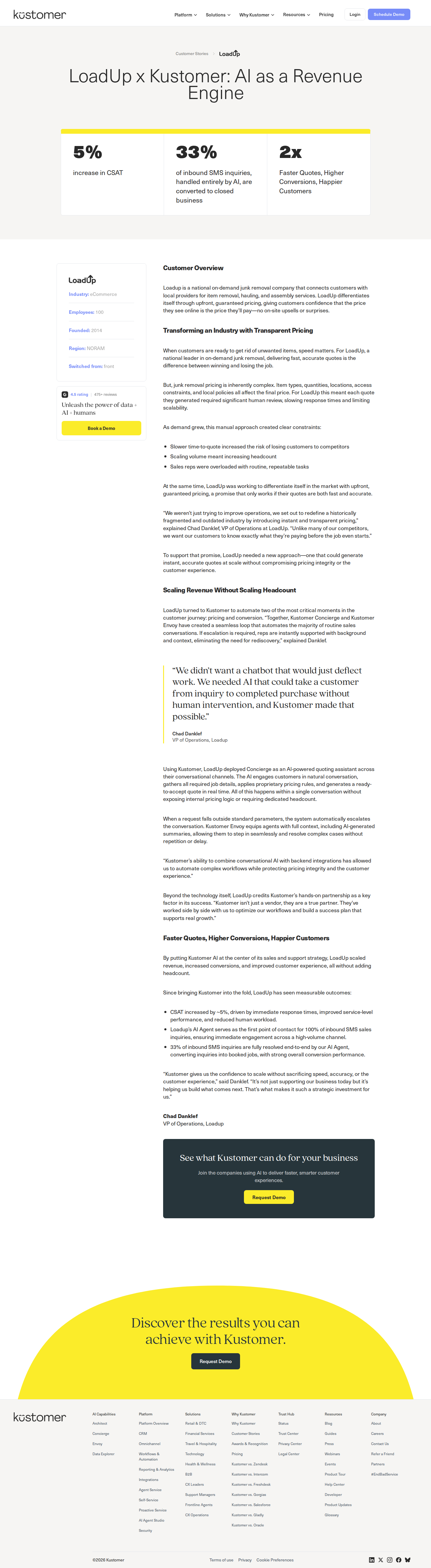 Screenshot of Kustomer x LoadUp: AI closes junk-removal sales end-to-end