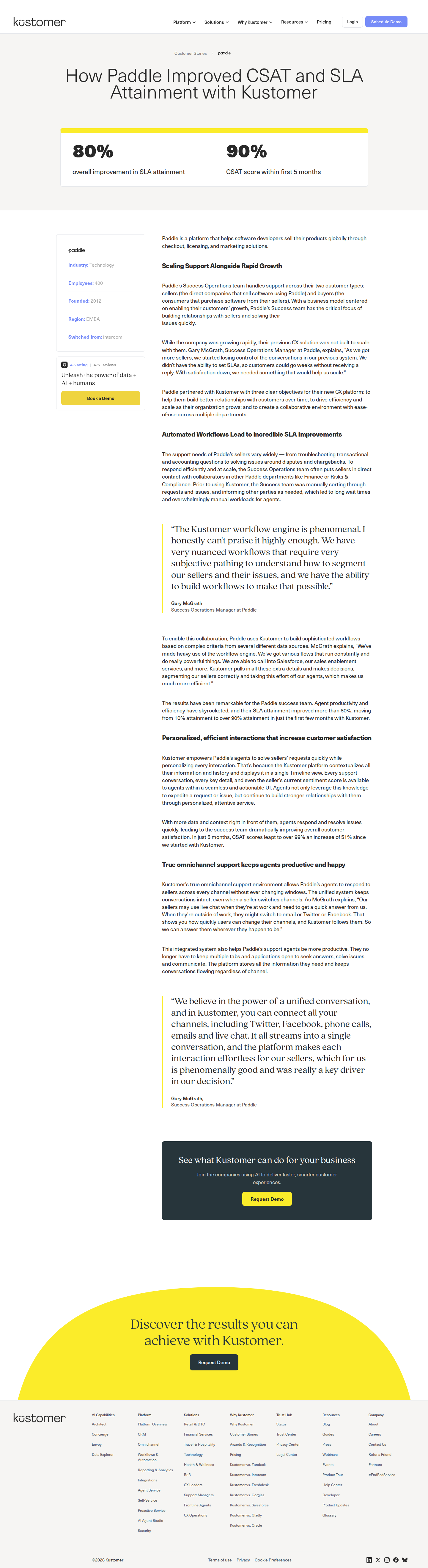 Screenshot of Kustomer x Paddle: SLA attainment from 10% to 90% in months