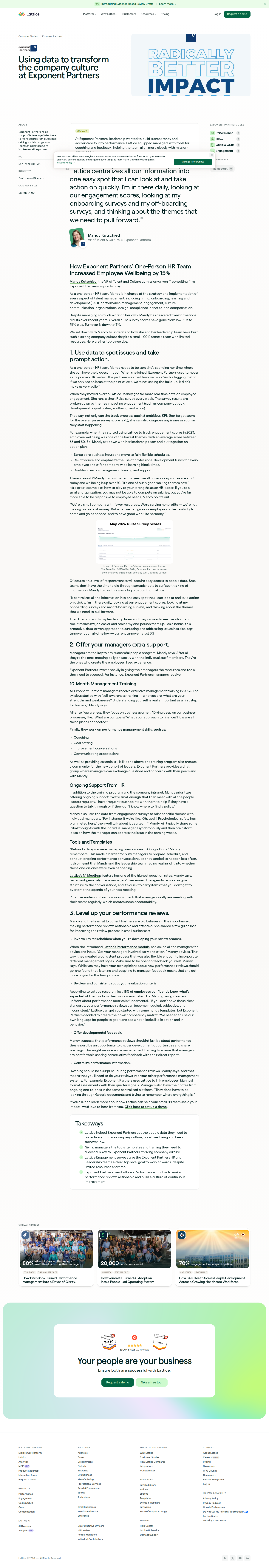 Screenshot of Lattice x Exponent Partners, one-person HR team lifts engagement 21%