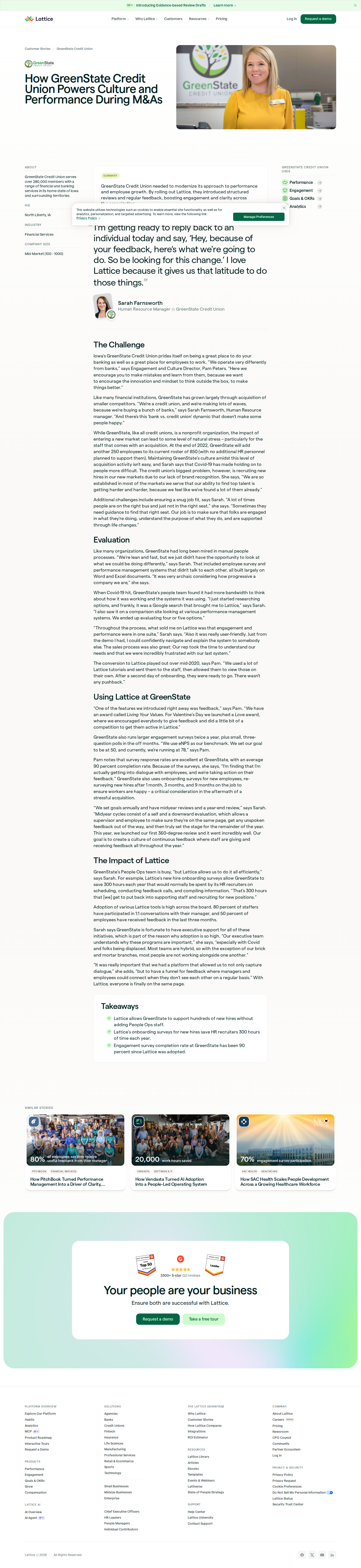 Screenshot of Lattice x GreenState Credit Union, scaling culture through M&A without adding HR headcount
