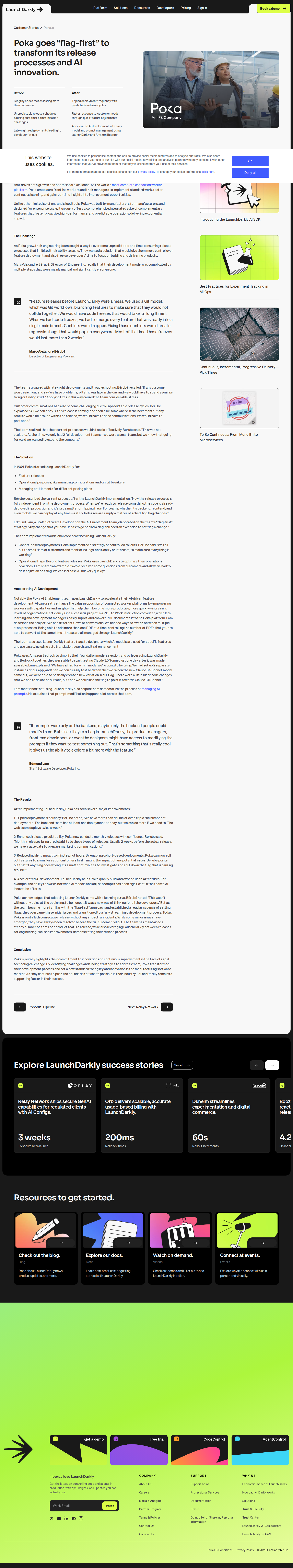 Screenshot of LaunchDarkly x Poka, flag-first engineering triples deployment frequency