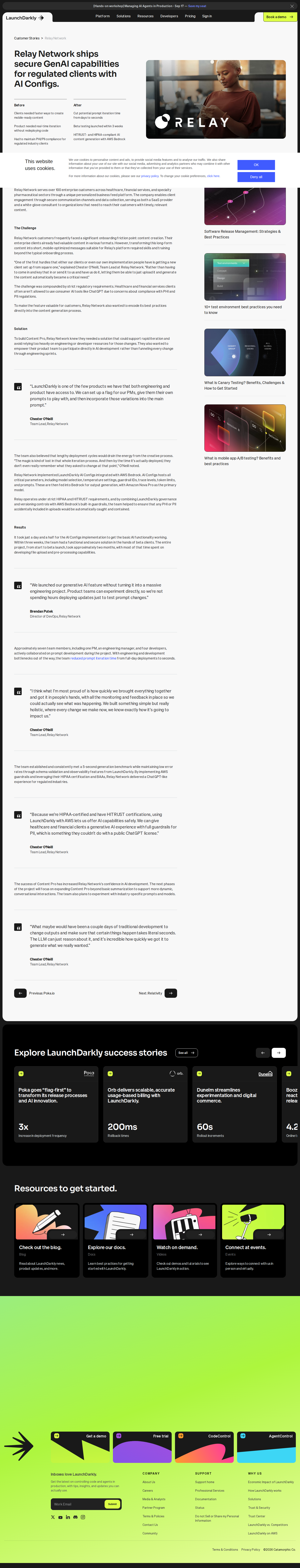 Screenshot of LaunchDarkly x Relay Network, compliant GenAI shipped in three weeks