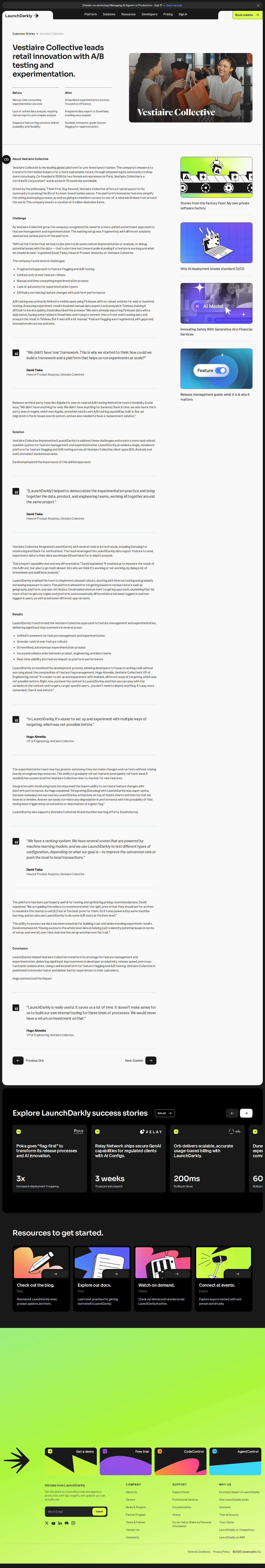 Screenshot of LaunchDarkly x Vestiaire Collective, from no web/backend testing to a unified experimentation platform