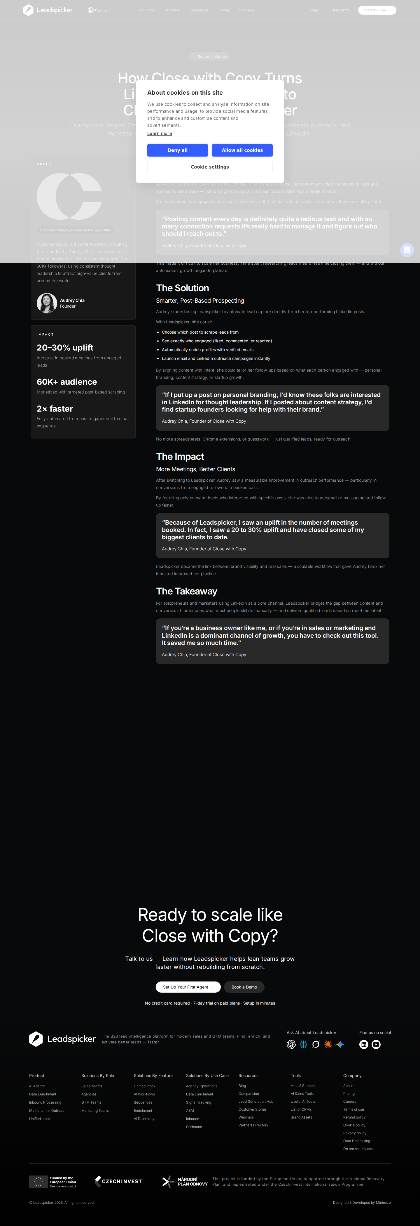 Screenshot of Leadspicker x Close with Copy, automating LinkedIn engagement into booked meetings