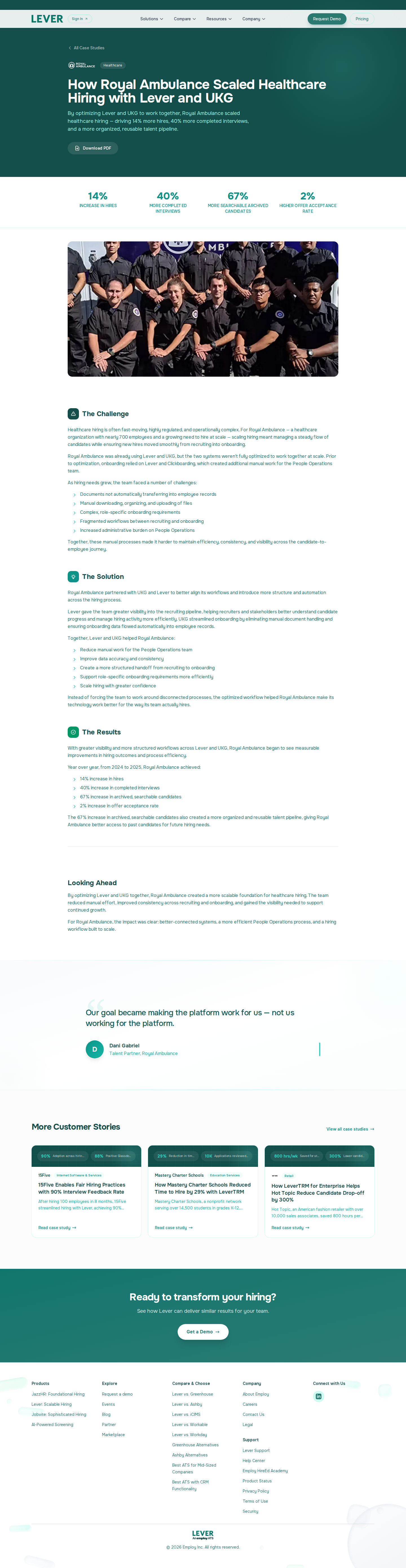 Screenshot of Lever x Royal Ambulance, scaling healthcare hiring with connected systems