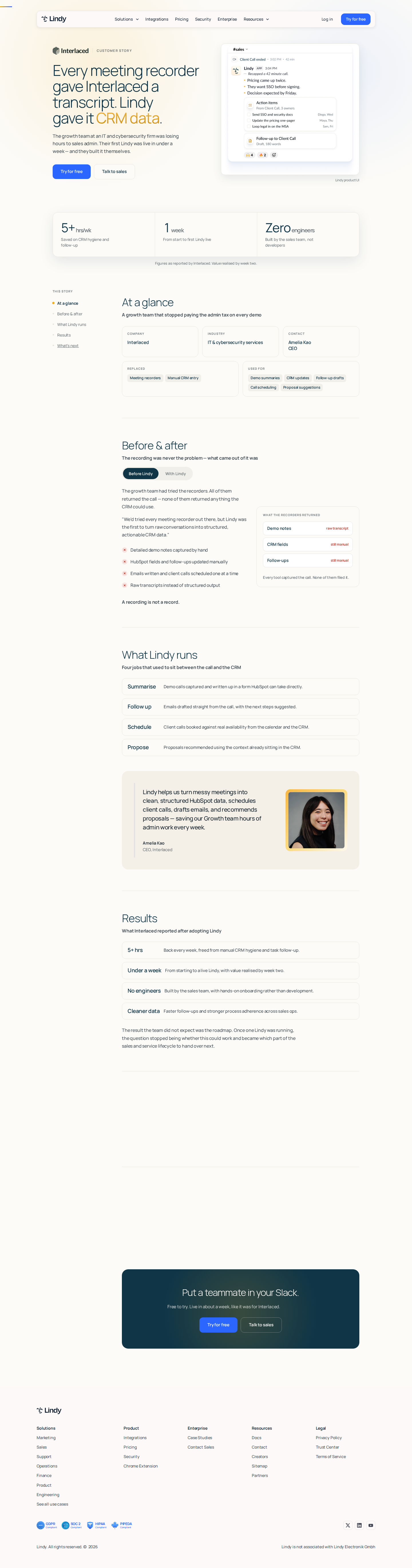 Screenshot of Lindy x Interlaced, from transcript to CRM record in one step