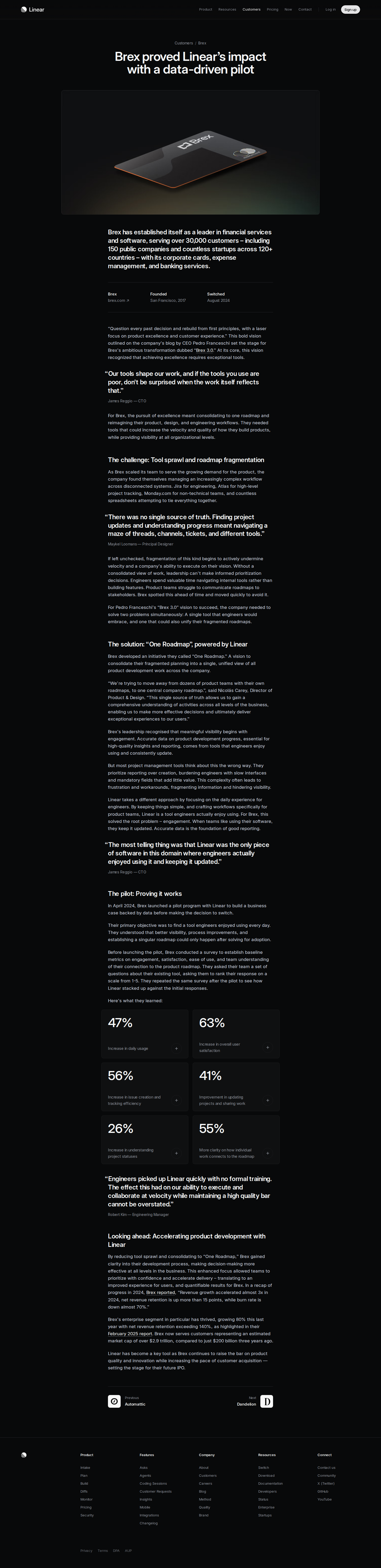 Full screenshot of Linear x Brex, data-driven pilot unlocks one roadmap