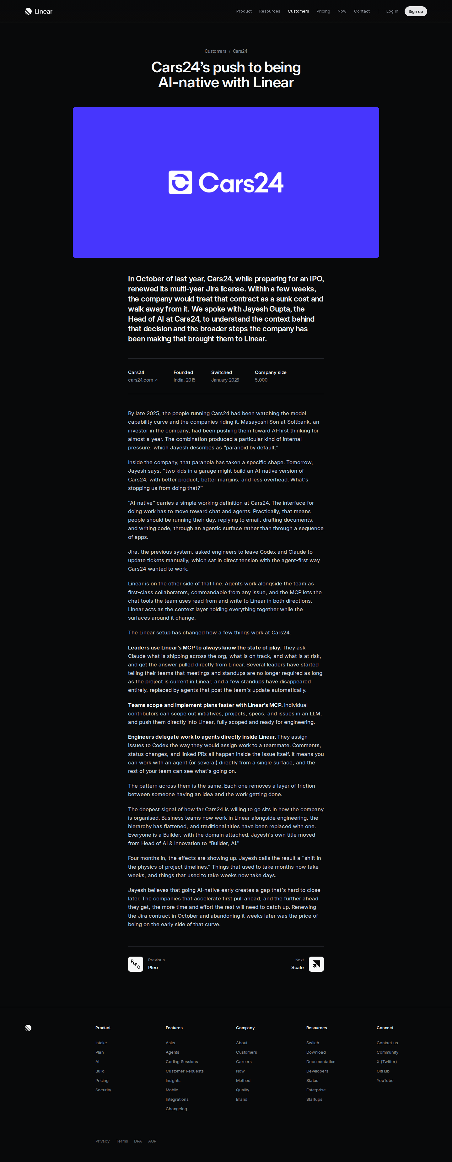 Screenshot of Linear x Cars24, abandoning a live Jira contract to go AI-native