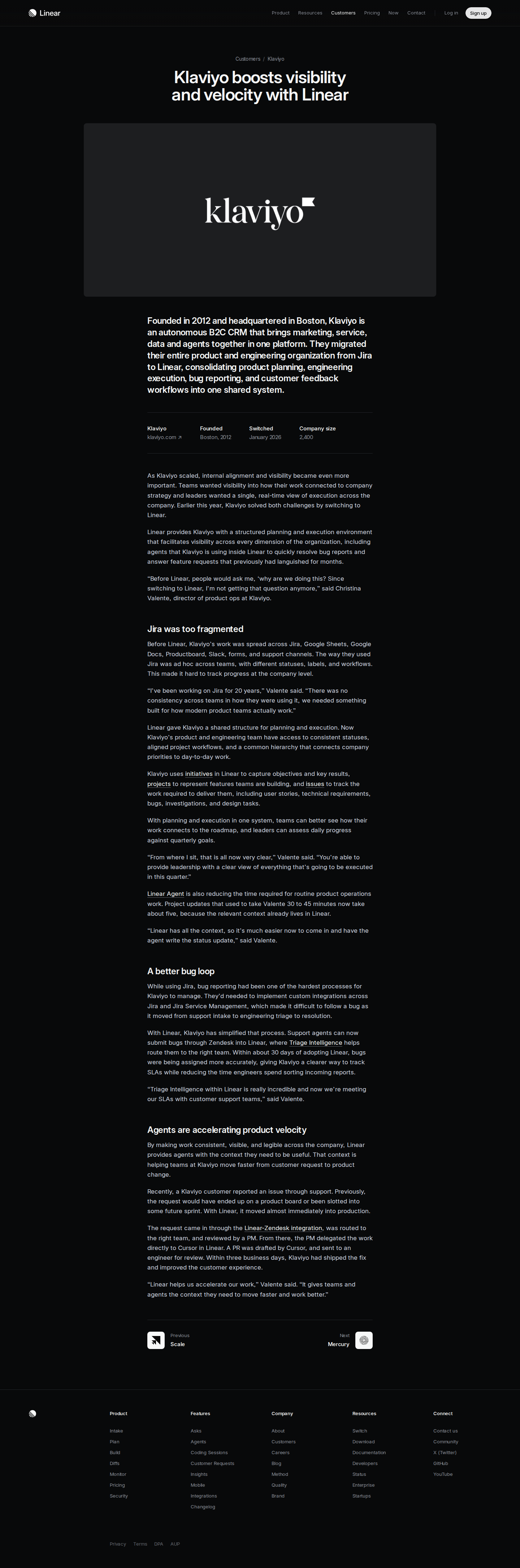 Full screenshot of Linear x Klaviyo, from Jira chaos to company-wide clarity