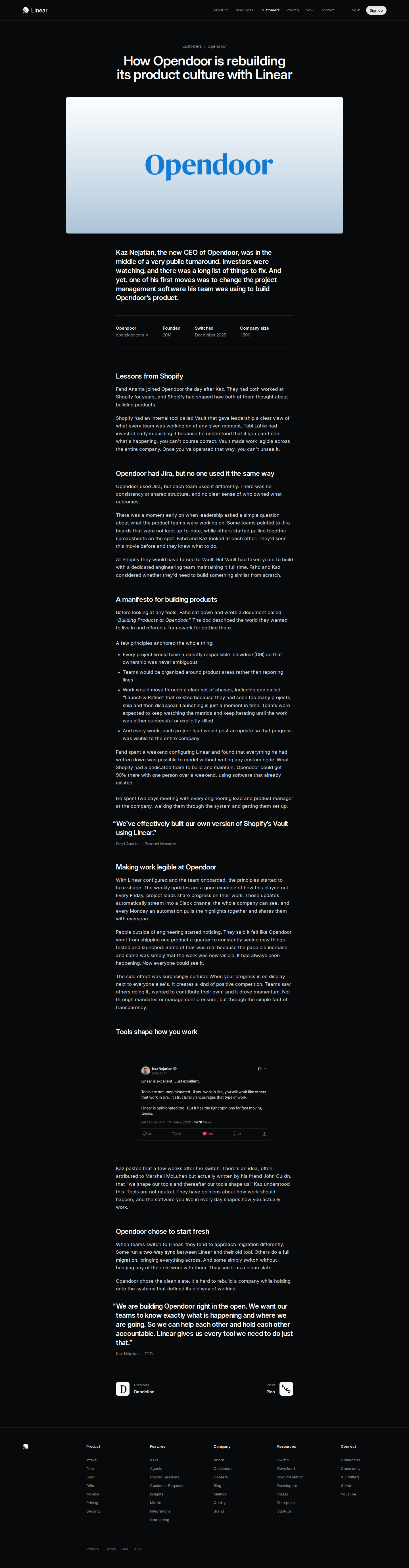 Full screenshot of Linear x Opendoor, rebuilding product visibility during a public turnaround