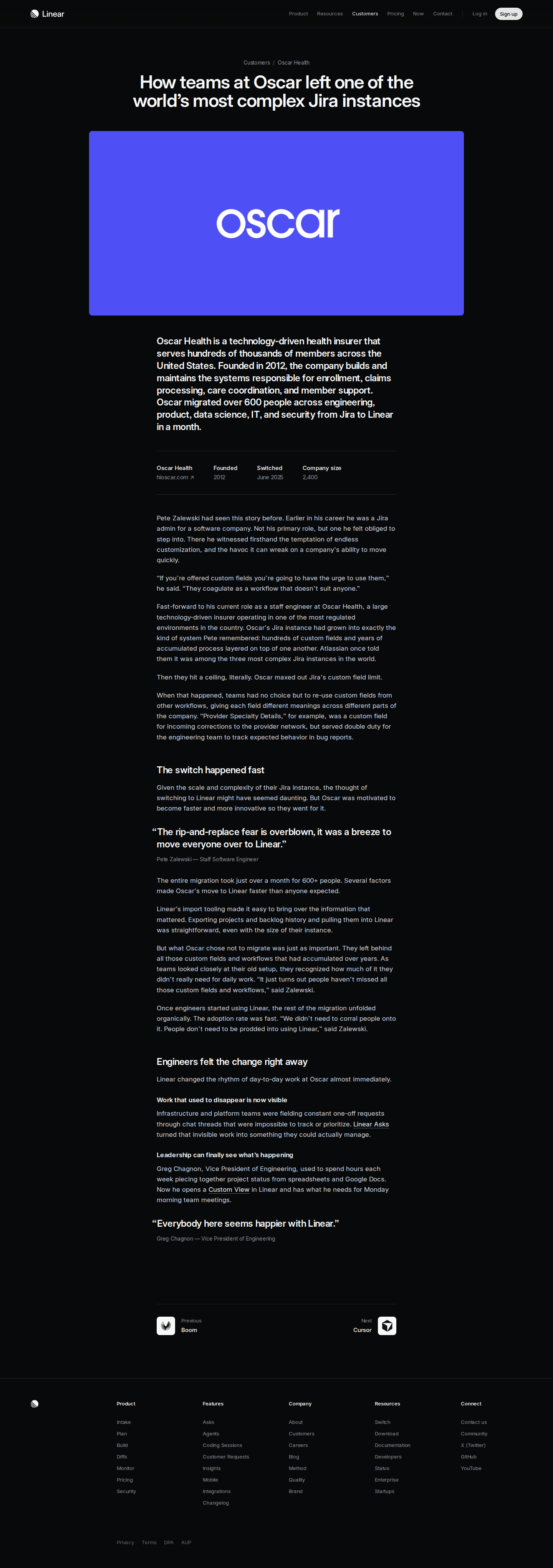 Screenshot of Linear x Oscar Health, escaping the world's most complex Jira instance