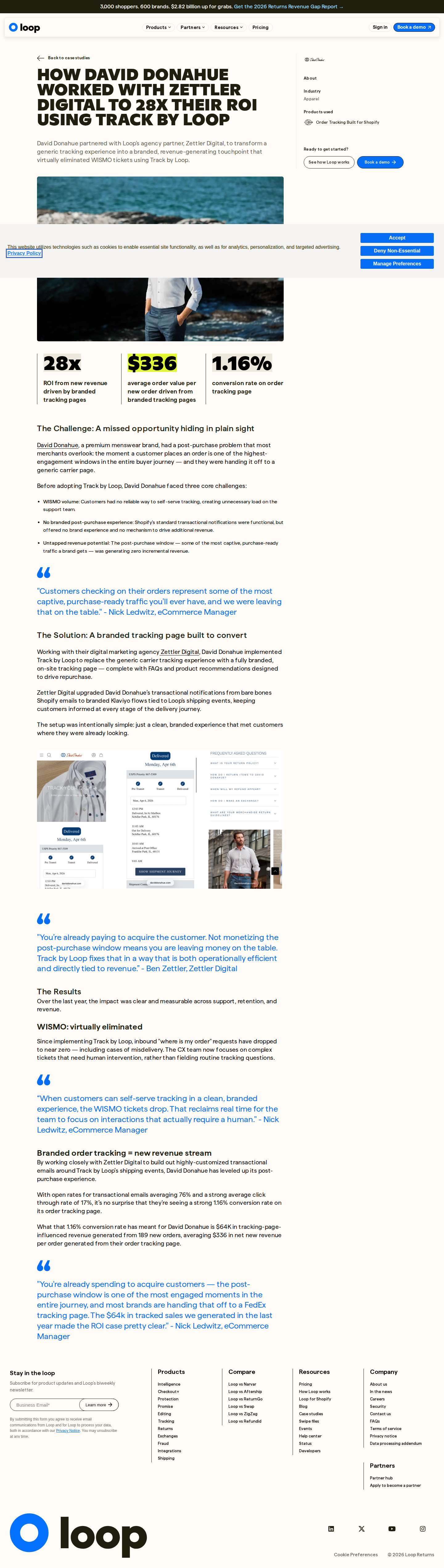 Screenshot of Loop x David Donahue, turning order tracking into a $64K revenue stream